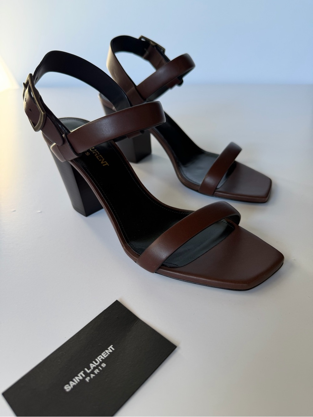 NWT Saint Laurent Brown Leather Block Heel Sandals with Brass Buckle